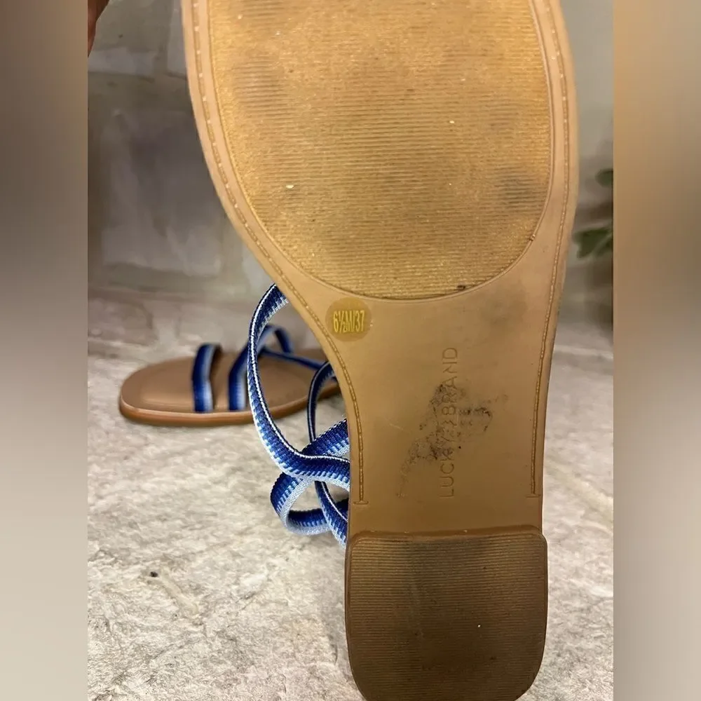 Lucky Brand Bizell Blue Strappy Stretch  Square Toe Slip On Sandals sz 6.5